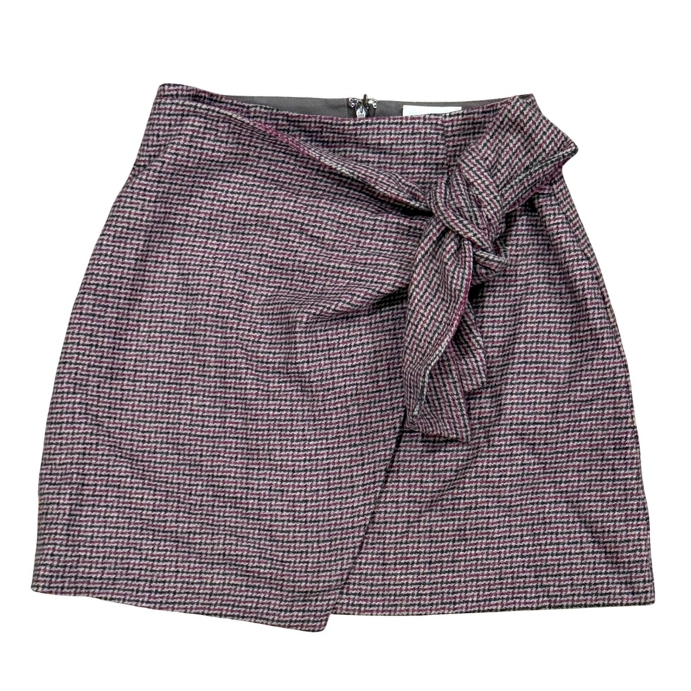 Wilfred Aritzia Wool Cashmere Houndstooth Wrap Tie Mini Skirt Grey Burgundy 0